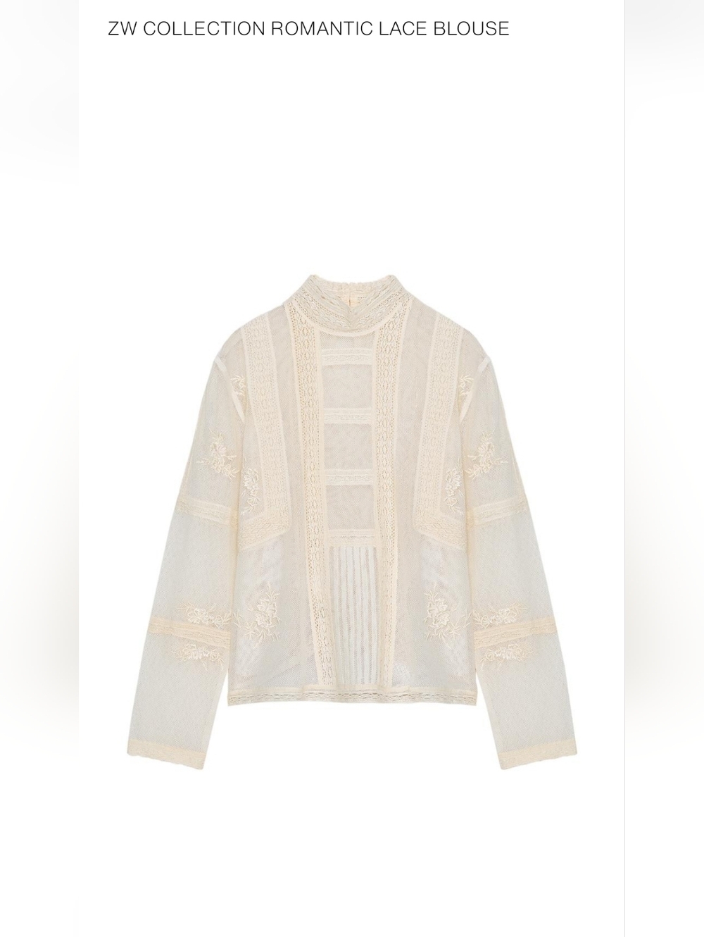 Zara Romantic Women’s Lace-Trim Sheer High-Neck Blouse - Cream